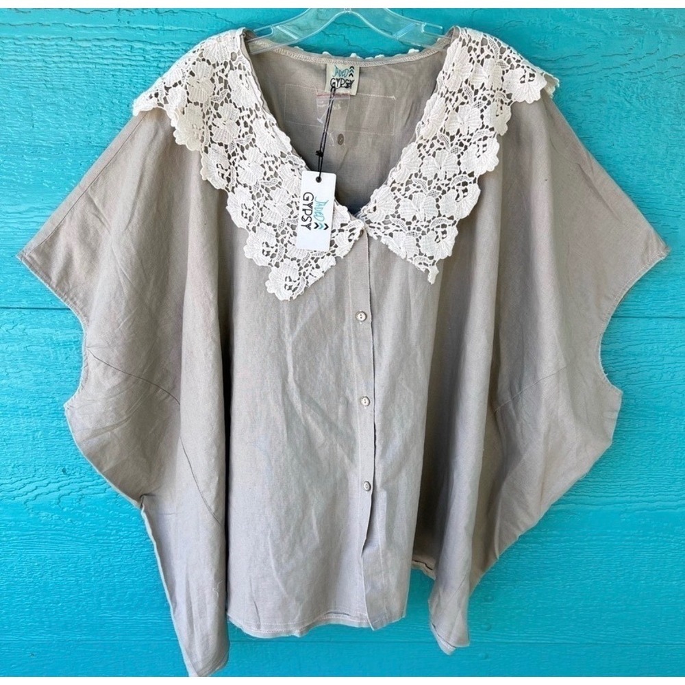 NWT Jaded Gypsy Lace‎ Collar Linen Shirt OS Taupe Oversized Dolman Italy